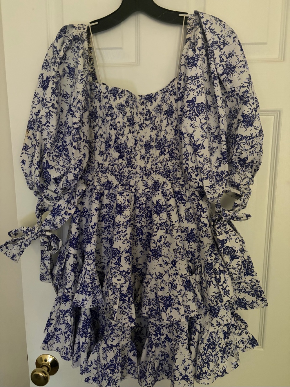 Caroline Constas Gabriella Blue:White Floral Puff Sleeve Smocked Dress Small